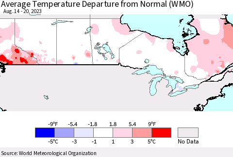 Canada Average Temperature Departure from Normal (WMO) Thematic Map For 8/14/2023 - 8/20/2023