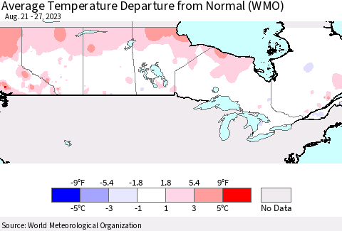 Canada Average Temperature Departure from Normal (WMO) Thematic Map For 8/21/2023 - 8/27/2023