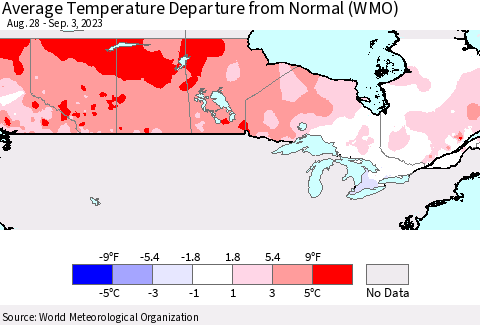 Canada Average Temperature Departure from Normal (WMO) Thematic Map For 8/28/2023 - 9/3/2023