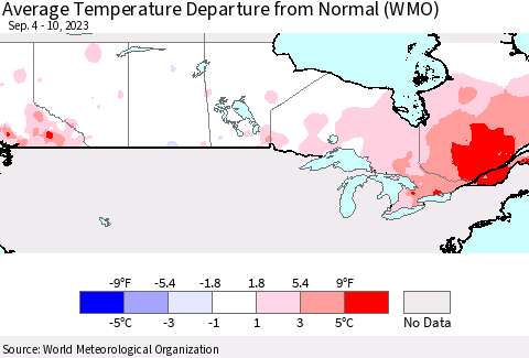 Canada Average Temperature Departure from Normal (WMO) Thematic Map For 9/4/2023 - 9/10/2023