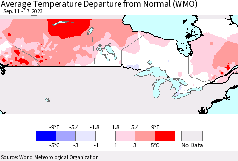 Canada Average Temperature Departure from Normal (WMO) Thematic Map For 9/11/2023 - 9/17/2023