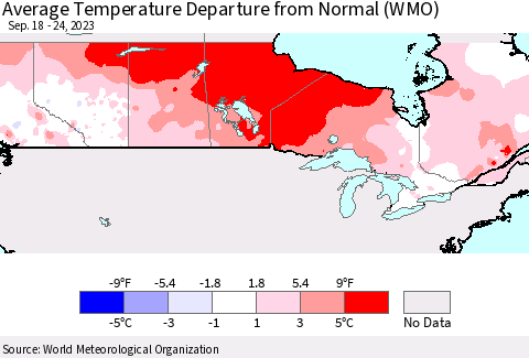 Canada Average Temperature Departure from Normal (WMO) Thematic Map For 9/18/2023 - 9/24/2023