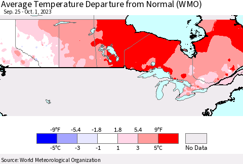 Canada Average Temperature Departure from Normal (WMO) Thematic Map For 9/25/2023 - 10/1/2023