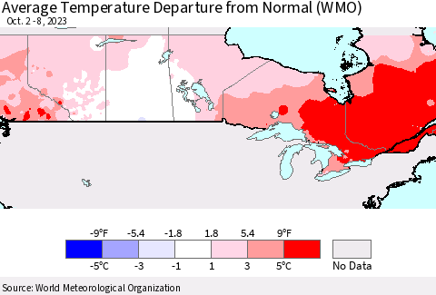 Canada Average Temperature Departure from Normal (WMO) Thematic Map For 10/2/2023 - 10/8/2023