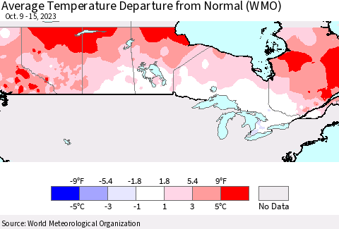 Canada Average Temperature Departure from Normal (WMO) Thematic Map For 10/9/2023 - 10/15/2023