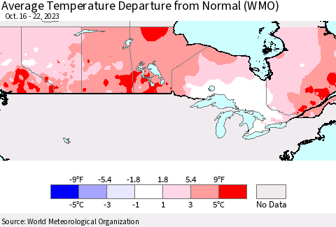Canada Average Temperature Departure from Normal (WMO) Thematic Map For 10/16/2023 - 10/22/2023