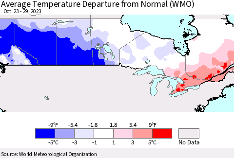 Canada Average Temperature Departure from Normal (WMO) Thematic Map For 10/23/2023 - 10/29/2023