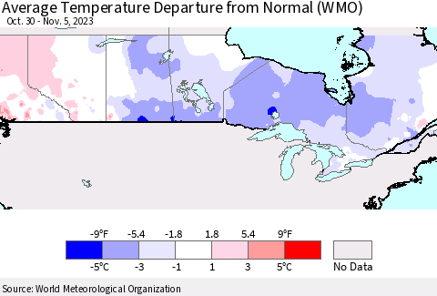 Canada Average Temperature Departure from Normal (WMO) Thematic Map For 10/30/2023 - 11/5/2023