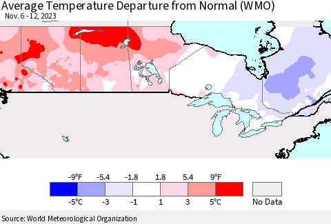 Canada Average Temperature Departure from Normal (WMO) Thematic Map For 11/6/2023 - 11/12/2023