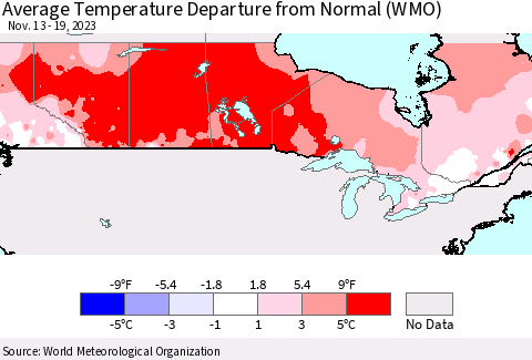 Canada Average Temperature Departure from Normal (WMO) Thematic Map For 11/13/2023 - 11/19/2023