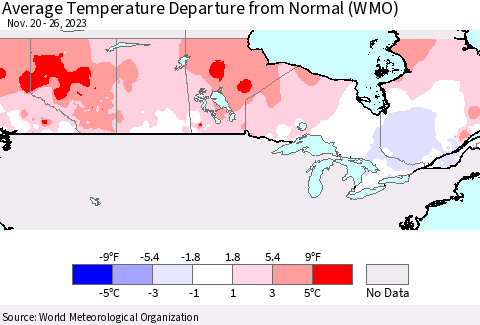 Canada Average Temperature Departure from Normal (WMO) Thematic Map For 11/20/2023 - 11/26/2023