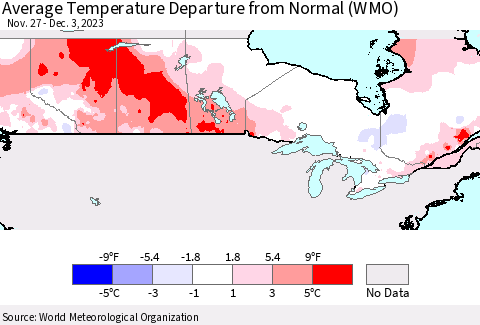 Canada Average Temperature Departure from Normal (WMO) Thematic Map For 11/27/2023 - 12/3/2023