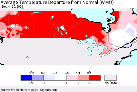 Canada Average Temperature Departure from Normal (WMO) Thematic Map For 12/4/2023 - 12/10/2023