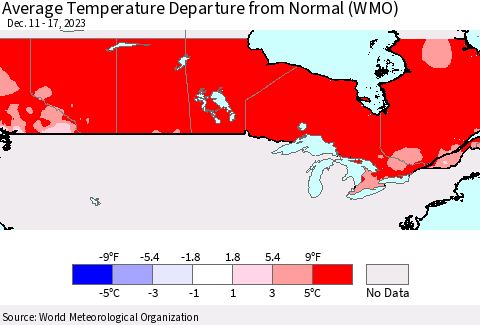 Canada Average Temperature Departure from Normal (WMO) Thematic Map For 12/11/2023 - 12/17/2023