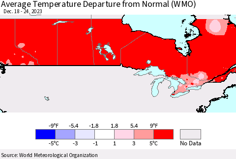 Canada Average Temperature Departure from Normal (WMO) Thematic Map For 12/18/2023 - 12/24/2023
