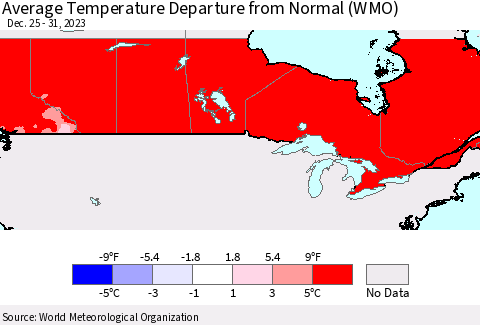 Canada Average Temperature Departure from Normal (WMO) Thematic Map For 12/25/2023 - 12/31/2023