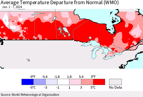 Canada Average Temperature Departure from Normal (WMO) Thematic Map For 1/1/2024 - 1/7/2024