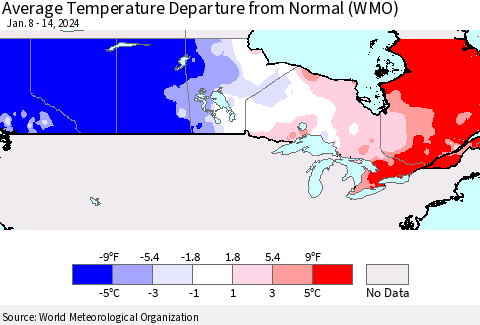 Canada Average Temperature Departure from Normal (WMO) Thematic Map For 1/8/2024 - 1/14/2024