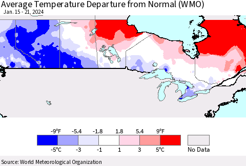Canada Average Temperature Departure from Normal (WMO) Thematic Map For 1/15/2024 - 1/21/2024