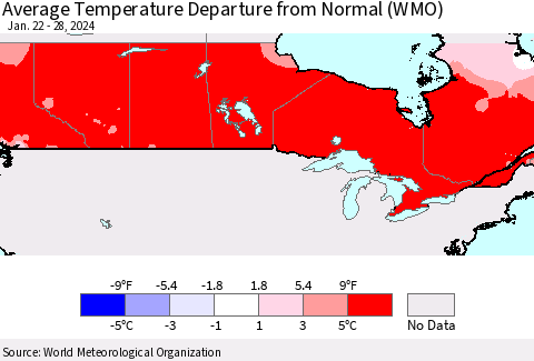 Canada Average Temperature Departure from Normal (WMO) Thematic Map For 1/22/2024 - 1/28/2024