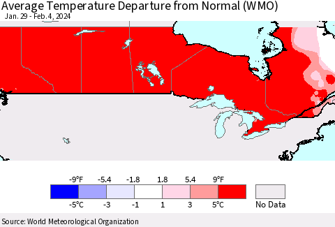 Canada Average Temperature Departure from Normal (WMO) Thematic Map For 1/29/2024 - 2/4/2024