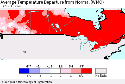 Canada Average Temperature Departure from Normal (WMO) Thematic Map For 2/5/2024 - 2/11/2024