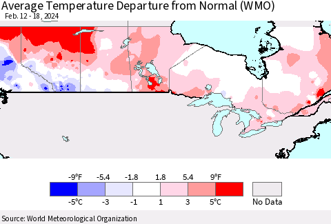 Canada Average Temperature Departure from Normal (WMO) Thematic Map For 2/12/2024 - 2/18/2024