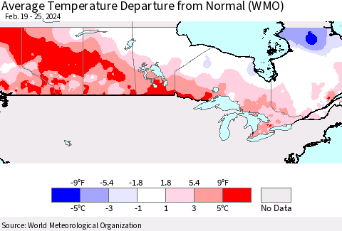 Canada Average Temperature Departure from Normal (WMO) Thematic Map For 2/19/2024 - 2/25/2024
