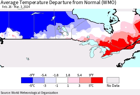 Canada Average Temperature Departure from Normal (WMO) Thematic Map For 2/26/2024 - 3/3/2024
