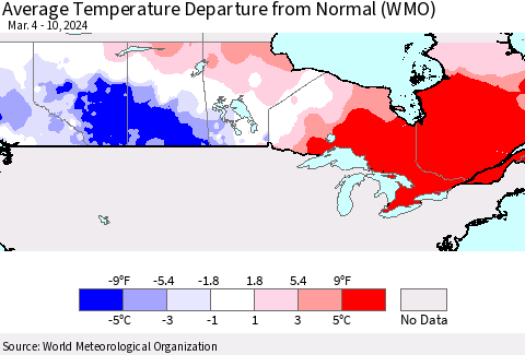 Canada Average Temperature Departure from Normal (WMO) Thematic Map For 3/4/2024 - 3/10/2024