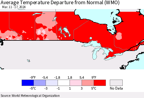 Canada Average Temperature Departure from Normal (WMO) Thematic Map For 3/11/2024 - 3/17/2024