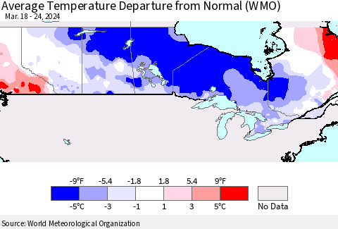 Canada Average Temperature Departure from Normal (WMO) Thematic Map For 3/18/2024 - 3/24/2024