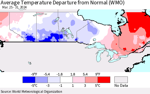 Canada Average Temperature Departure from Normal (WMO) Thematic Map For 3/25/2024 - 3/31/2024