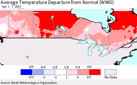 Canada Average Temperature Departure from Normal (WMO) Thematic Map For 4/1/2024 - 4/7/2024