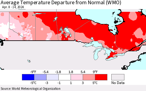 Canada Average Temperature Departure from Normal (WMO) Thematic Map For 4/8/2024 - 4/14/2024