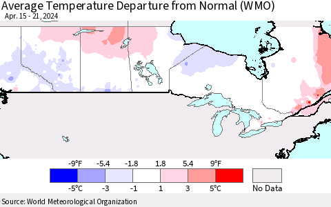 Canada Average Temperature Departure from Normal (WMO) Thematic Map For 4/15/2024 - 4/21/2024