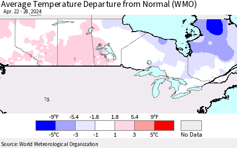 Canada Average Temperature Departure from Normal (WMO) Thematic Map For 4/22/2024 - 4/28/2024