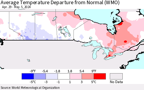 Canada Average Temperature Departure from Normal (WMO) Thematic Map For 4/29/2024 - 5/5/2024