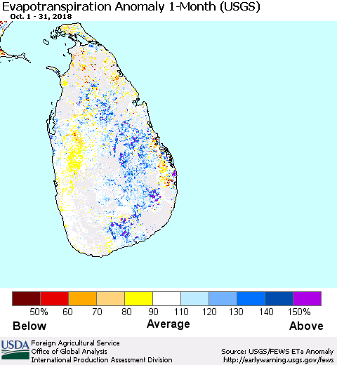 Sri Lanka Monthly Actual Evapotranspiration Anomaly (USGS) Thematic Map For 10/1/2018 - 10/31/2018