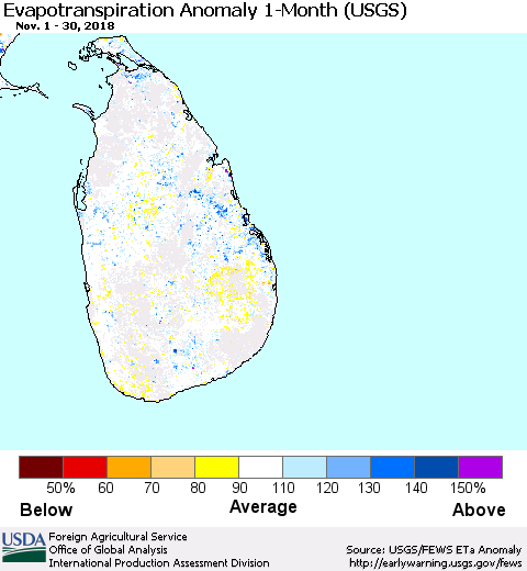 Sri Lanka Monthly Actual Evapotranspiration Anomaly (USGS) Thematic Map For 11/1/2018 - 11/30/2018