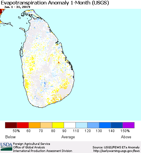 Sri Lanka Monthly Actual Evapotranspiration Anomaly (USGS) Thematic Map For 1/1/2019 - 1/31/2019