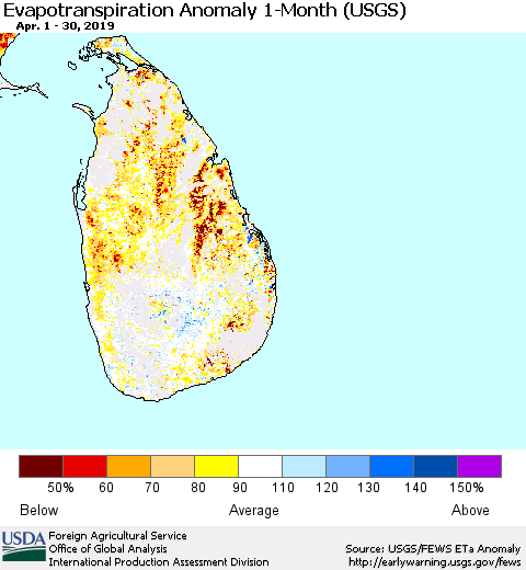 Sri Lanka Monthly Actual Evapotranspiration Anomaly (USGS) Thematic Map For 4/1/2019 - 4/30/2019