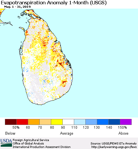 Sri Lanka Monthly Actual Evapotranspiration Anomaly (USGS) Thematic Map For 5/1/2019 - 5/31/2019