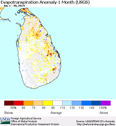 Sri Lanka Monthly Actual Evapotranspiration Anomaly (USGS) Thematic Map For 6/1/2019 - 6/30/2019
