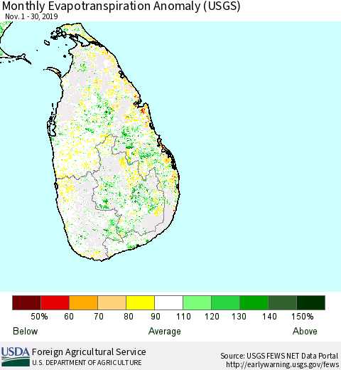 Sri Lanka Monthly Actual Evapotranspiration Anomaly (USGS) Thematic Map For 11/1/2019 - 11/30/2019