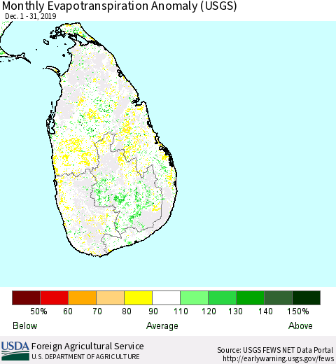 Sri Lanka Monthly Evapotranspiration Anomaly (USGS) Thematic Map For 12/1/2019 - 12/31/2019