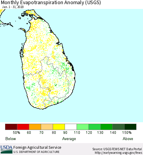 Sri Lanka Monthly Evapotranspiration Anomaly (USGS) Thematic Map For 1/1/2020 - 1/31/2020