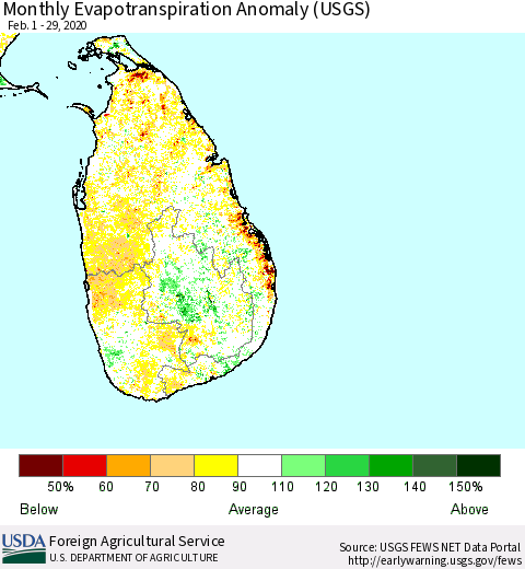 Sri Lanka Monthly Actual Evapotranspiration Anomaly (USGS) Thematic Map For 2/1/2020 - 2/29/2020