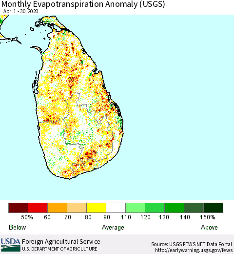 Sri Lanka Monthly Evapotranspiration Anomaly (USGS) Thematic Map For 4/1/2020 - 4/30/2020