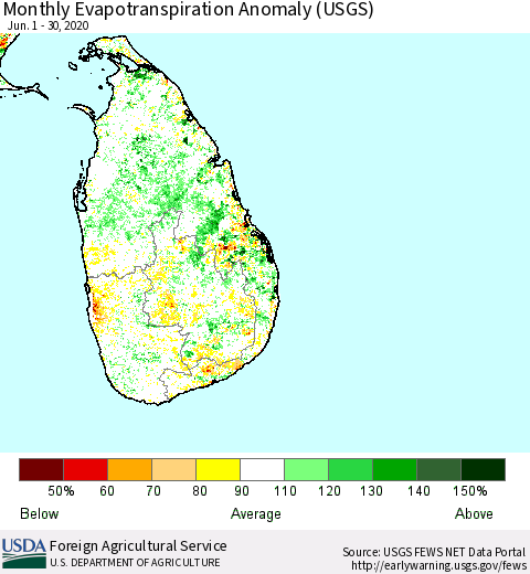 Sri Lanka Monthly Evapotranspiration Anomaly (USGS) Thematic Map For 6/1/2020 - 6/30/2020